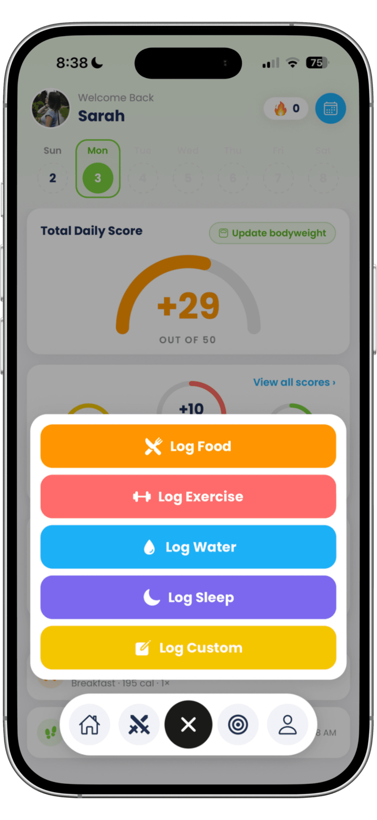 The Battle Fitness quick-add menu, offering Log Food, Log Exercise, Log Water, Log Sleep and Log Custom