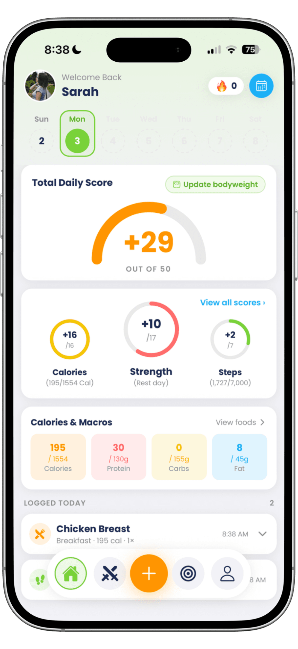 The Battle Fitness home screen: a total daily score of 29 out of 50 on an orange ring, with separate rings for calories, strength and steps below it